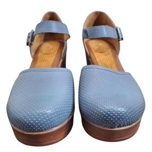 BOC Perforated Blue Leather Wedge Mary Jane Casual Clog Women's Shoes Size 7M